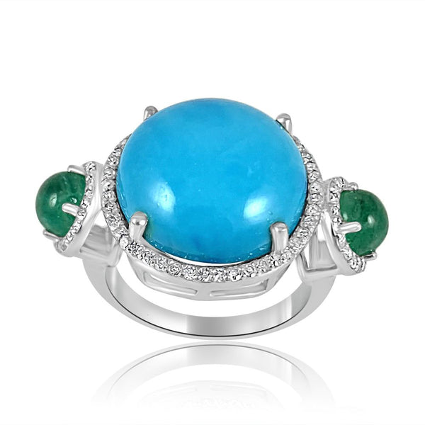 Beautiful Turquoise & Emerald with Diamonds Ring  Diamond: 0.51 ct Turquoise: 19.96 ct Emerald: 1.58 ct Silver with Rhodium Plated weight: 3.75 grams