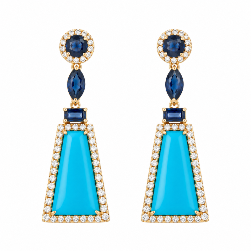 Turquoise & Sapphire with Diamonds on 14K Yellow Gold Earrings