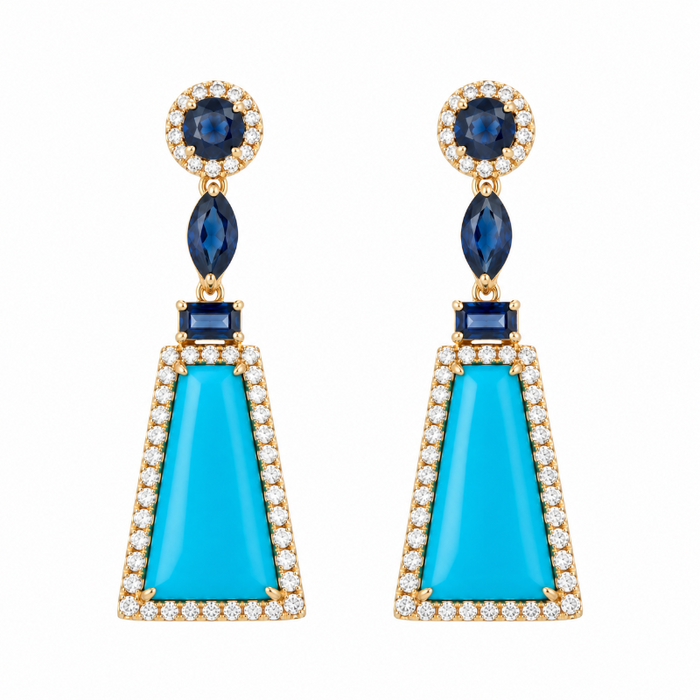 Turquoise & Sapphire with Diamonds on 14K Yellow Gold Earrings