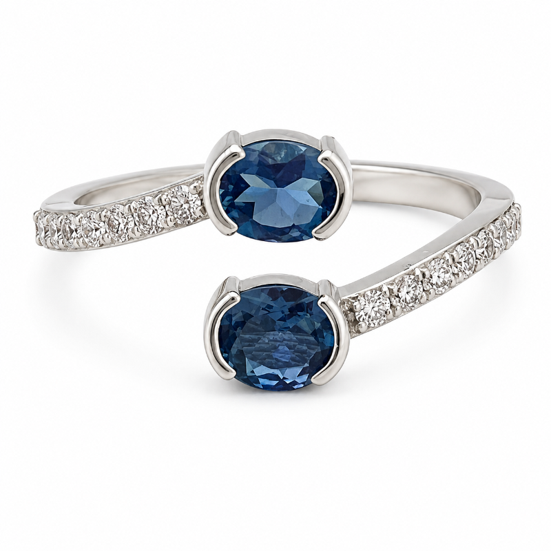 Two Aquamarines & Diamonds on 18K White Gold Ring