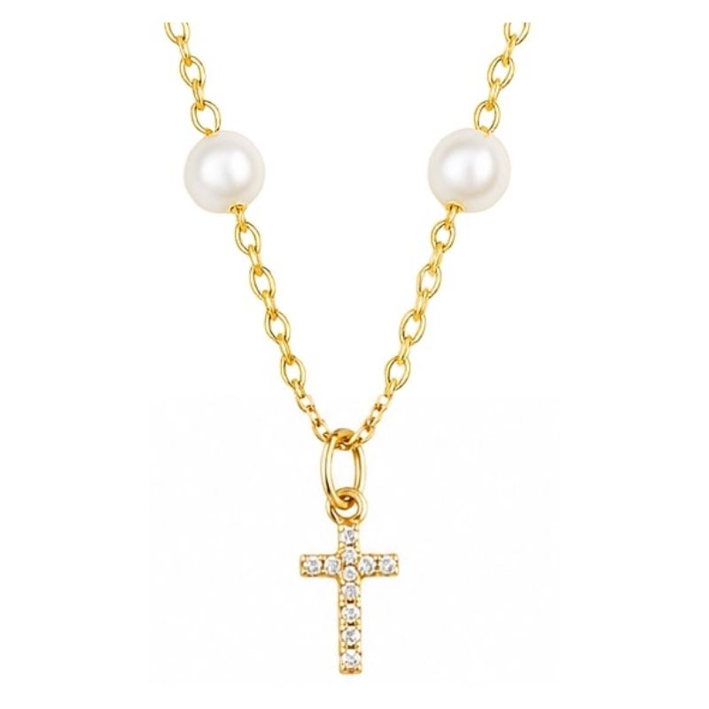 Diamond Cross with Pearls Pendant on 14K Yellow Gold Necklace