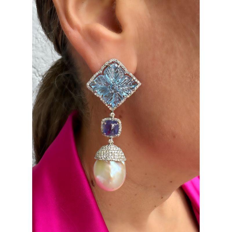 Baroque Pearl with Sky Blue Topaz Flower, Tanzanite & Diamond Earrings