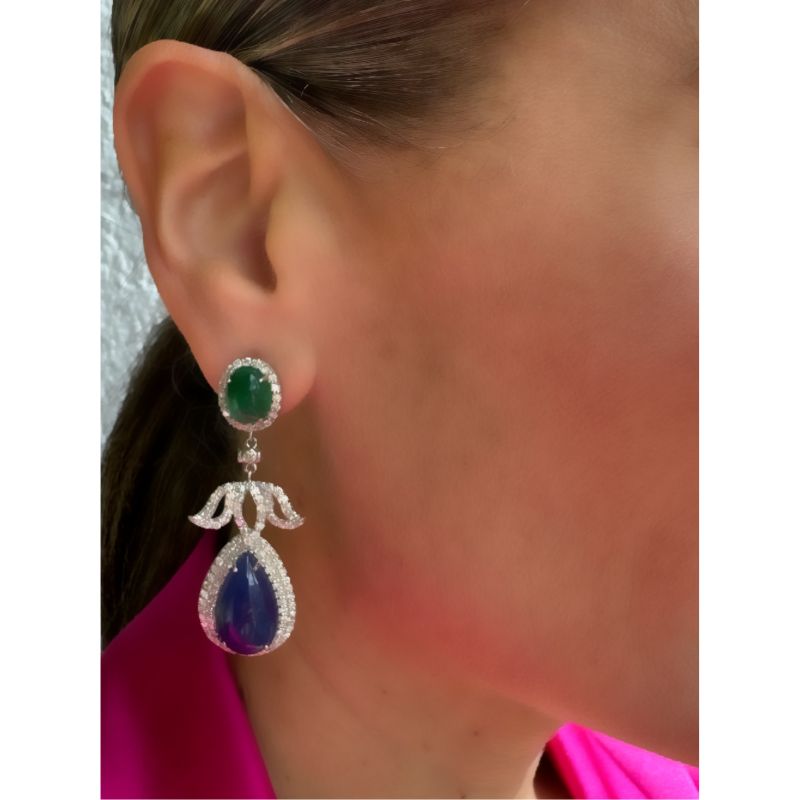 Tanzanite Drop & Emerald Lotus Diamond Earrings