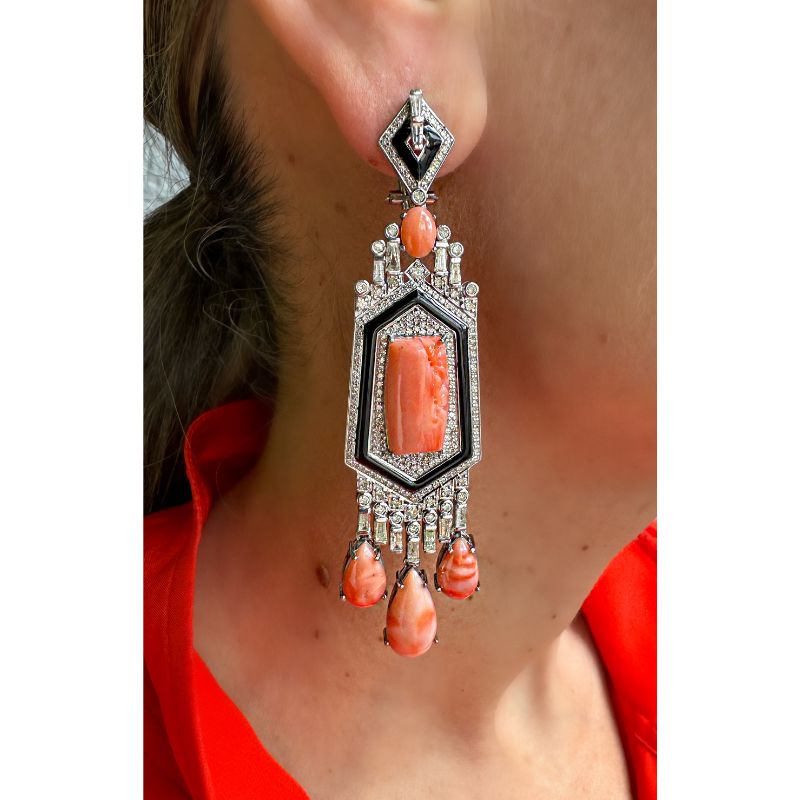 Pink Coral with Diamond Art Deco Earrings