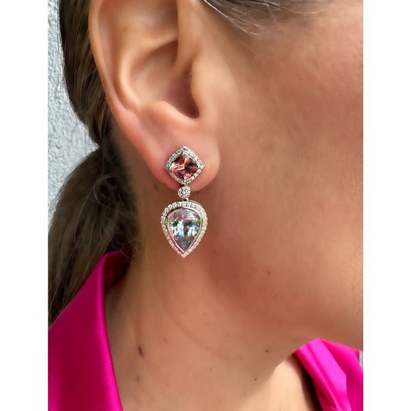 Aquamarine Teardrop & Pink Tourmaline with Diamond Earrings