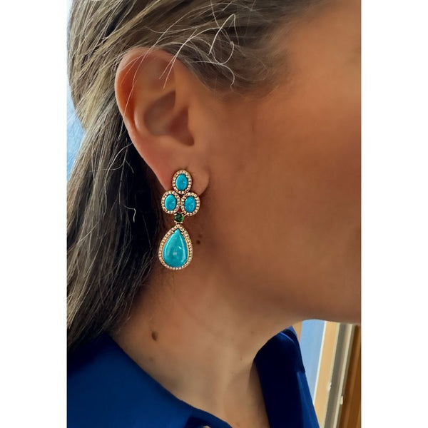 Turquoise & Diamond Oval Earrings in 14K Gold