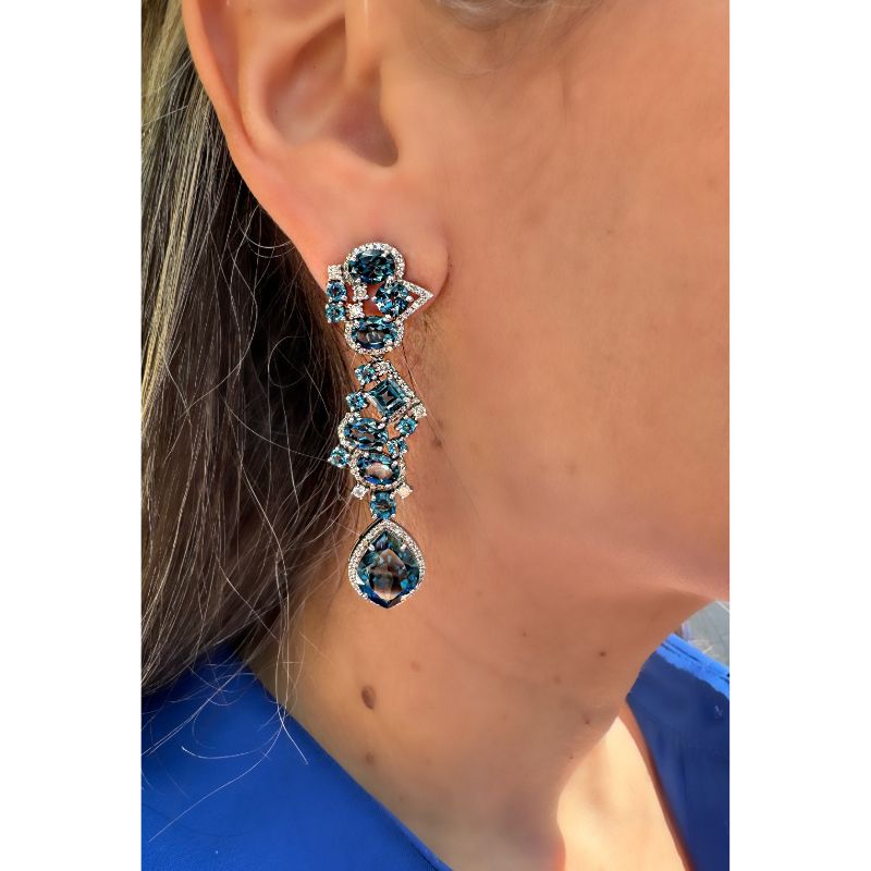 London Blue Topaz & Diamond Long Earrings