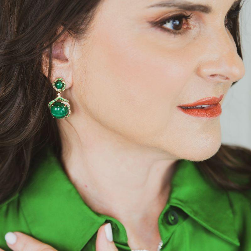 Malachite & Diamond Double Round Earrings