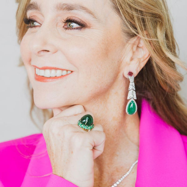 Tourmaline with Emerald Cabuchon & Diamond Earrings