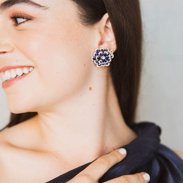 Blue Sapphire Cut & Diamond Stud Earrings