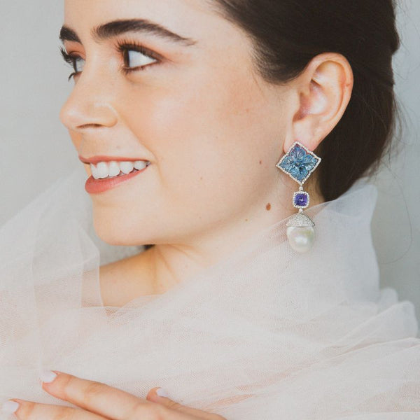 Baroque Pearl with Sky Blue Topaz Flower, Tanzanite & Diamond Earrings