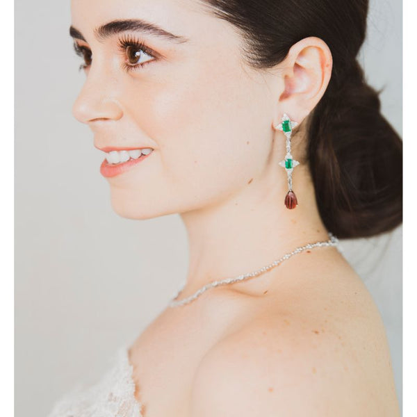 Emerald Cut & Tourmaline with Diamond Long Earrings