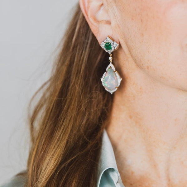 Opal & Emerald with Diamond on 18K Gold Earrings