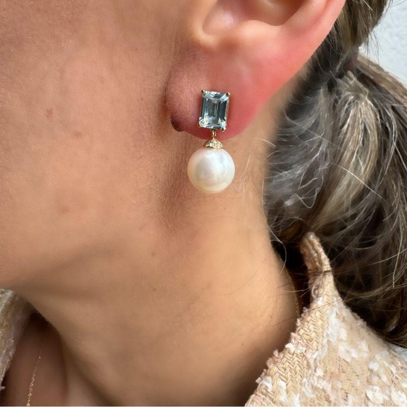 Pearl & Sky Blue Topaz with Diamond 14K Yellow Gold Earrings - Adriana Fine Jewelry