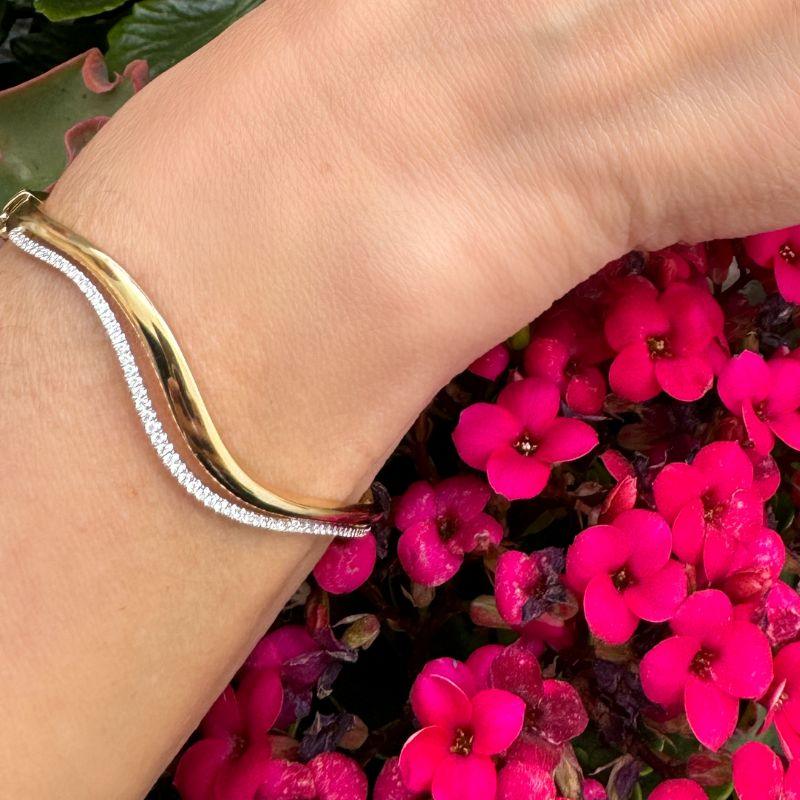 14K Yellow Gold & Diamond Double Wavy Bangle Bracelets
