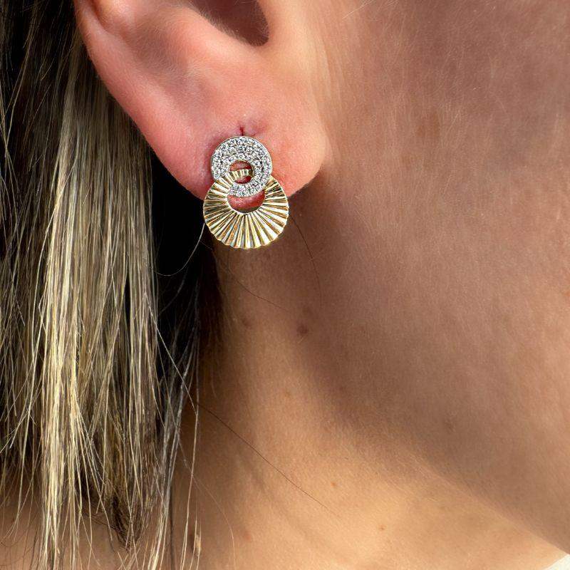 14K Yellow Gold Circle Flute & Diamond Earrings