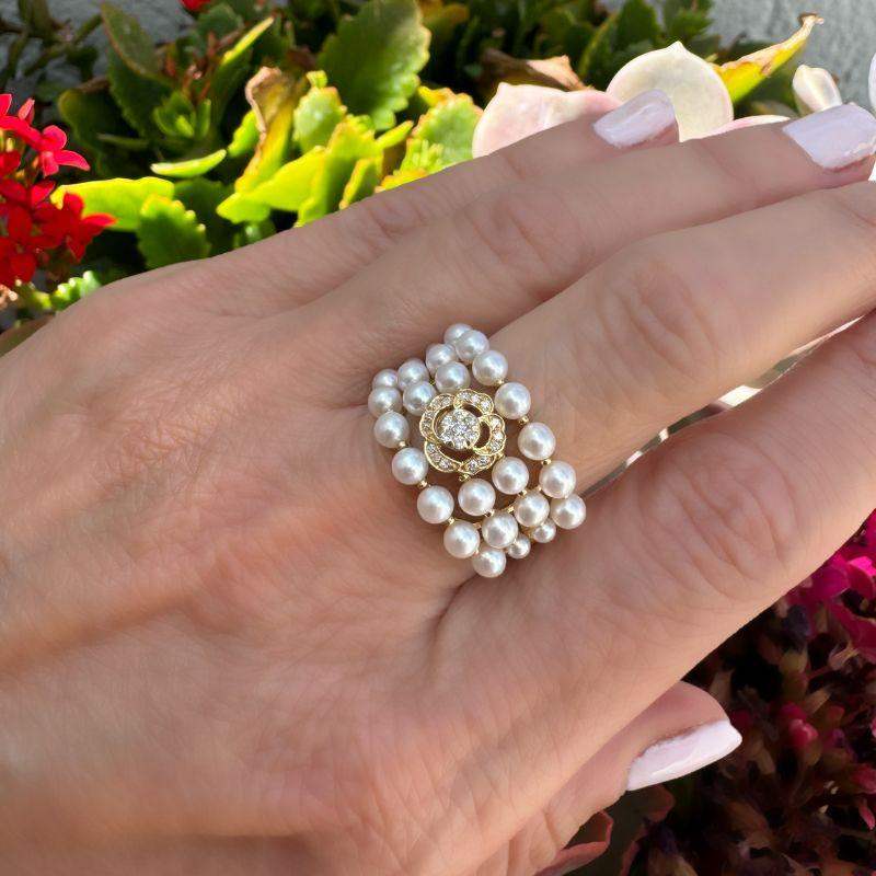 14K Yellow Gold with Pearl & Center Diamond Flower Rings