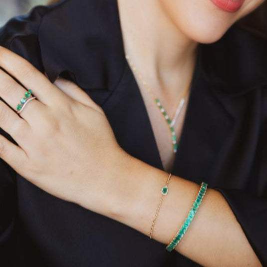 14K Yellow Gold & Cut Emerald Bangle Bracelets