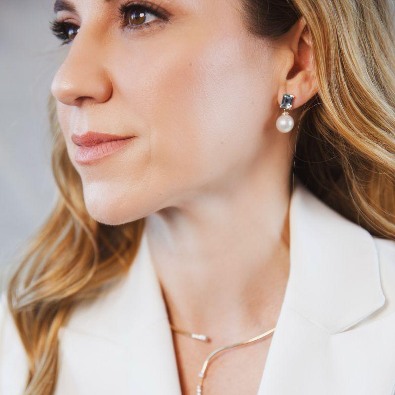 Pearl & Sky Blue Topaz with Diamond 14K Yellow Gold Earrings - Adriana Fine Jewelry