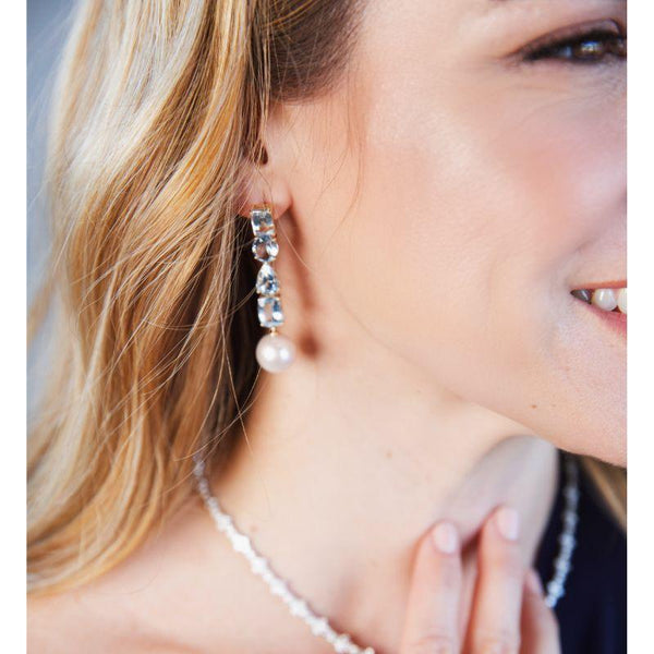 Aquamarine & Pearl in 14K Yellow Gold Long Earrings