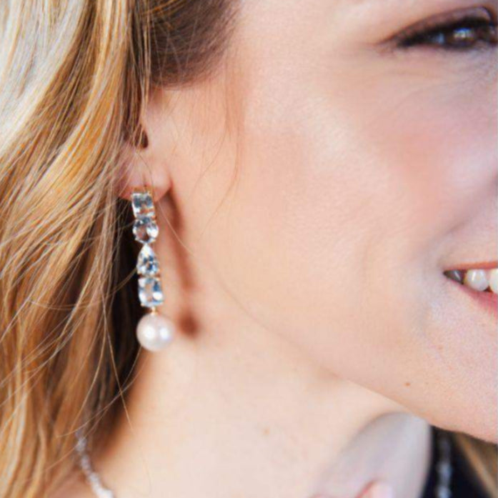 Aquamarine & Pearl in 14K Yellow Gold Long Earrings