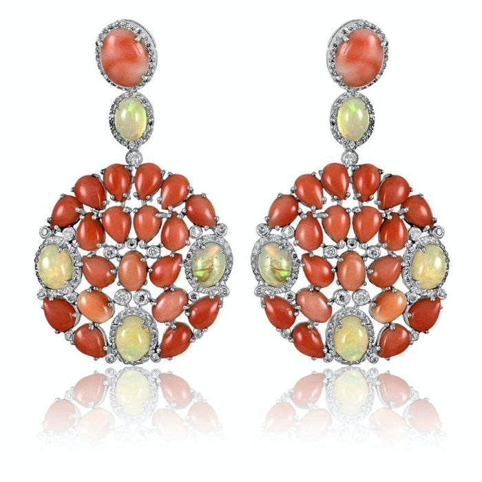 Coral & Opal & Diamond Dangle Earrings