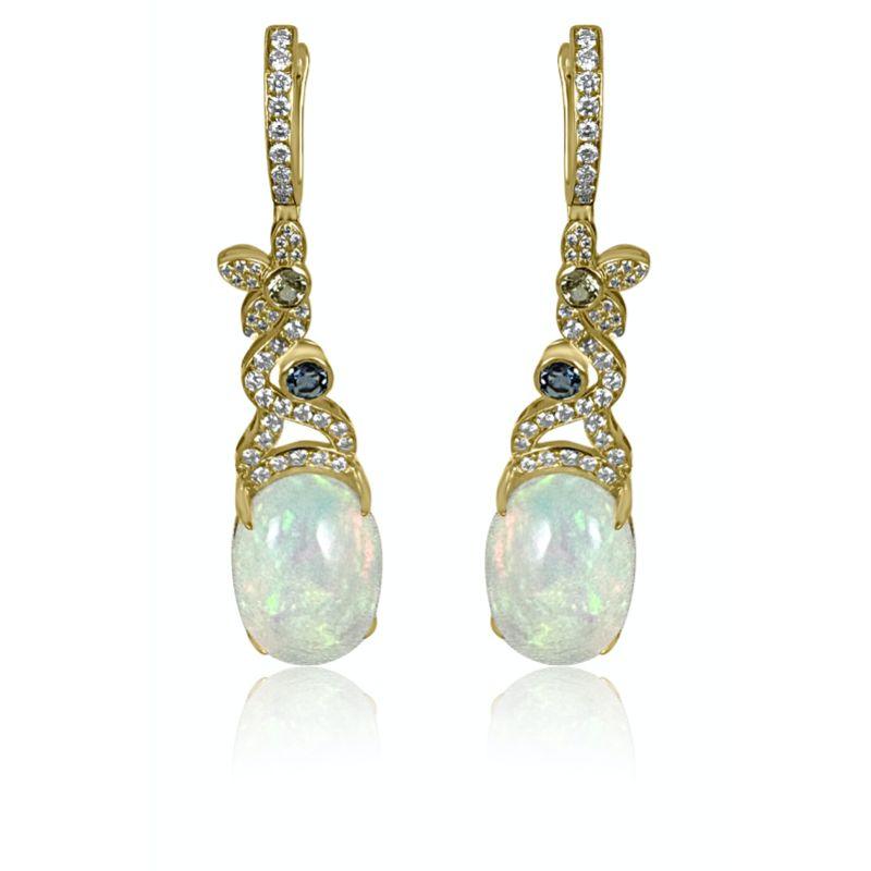 Opal with Diamond & Aquamarine on 14K Yellow Gold Long Earrings