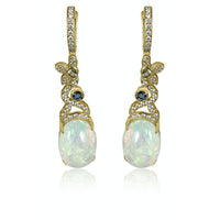 Opal with Diamond & Aquamarine on 14K Yellow Gold Long Earrings