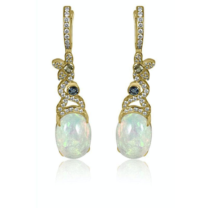 Opal with Diamond & Aquamarine on 14K Yellow Gold Long Earrings