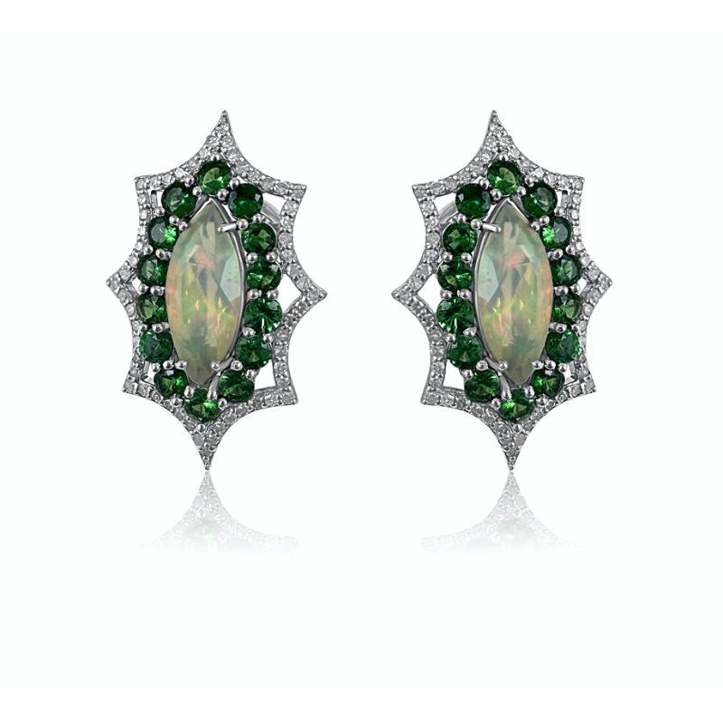 Opal & Tsavorite with Diamond Eye Stud Earrings