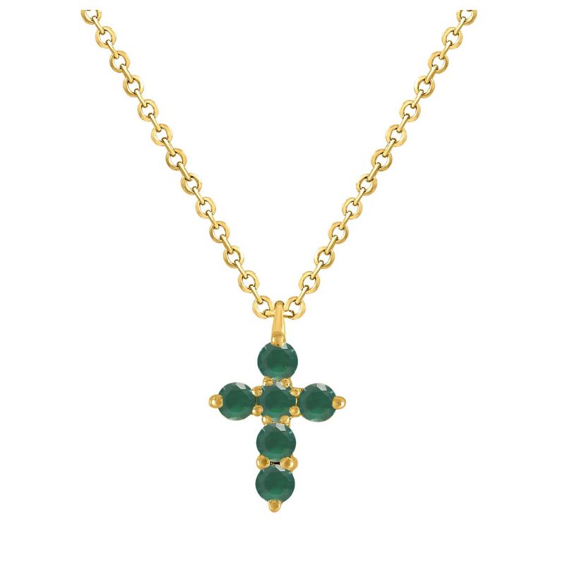 Mini Emerald Cross Pendant on 14K Yellow Gold Necklaces