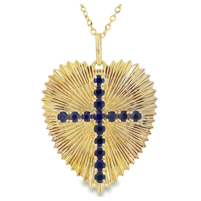 14K Yellow Gold Flute Heart with Sapphire Cross Necklaces