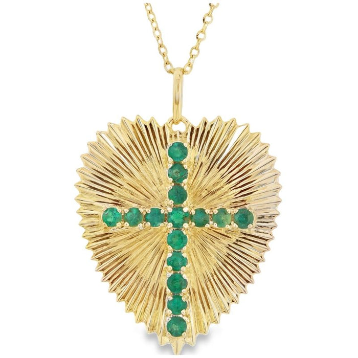 14K Yellow Gold Flute Heart with Emerald Cross Necklaces