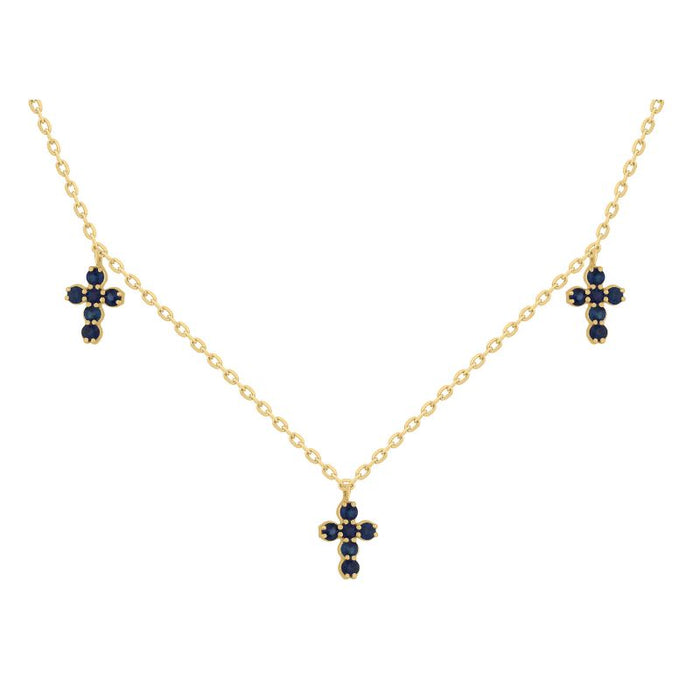 Three Mini Sapphire Crossess on 14K Yellow Gold Necklaces