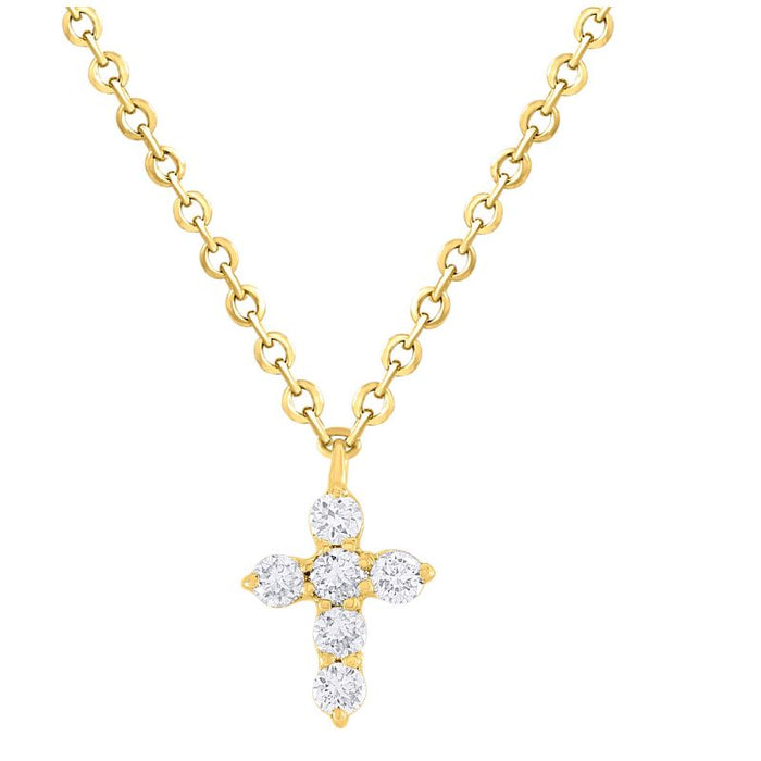 Mini Diamond Cross Pendant on 14K Yellow Gold Necklaces