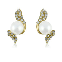 Diamond Leaves & Pearl Stud Earrings