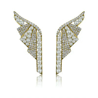 14K Yellow Gold Diamond & Pearl Winged Earrings