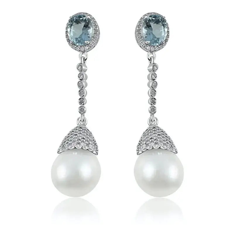 Long Aquamarine Oval & Pearl with Diamond Earrings