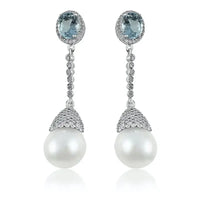 Long Pearl with Aquamarine Oval & Diamond Earrings