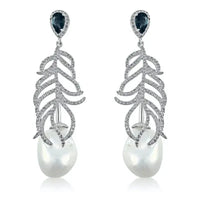 Diamond Leaf with London Blue Topaz & Pearl Earrings