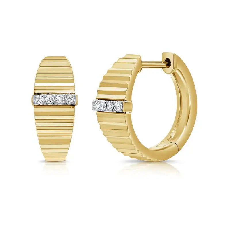 14K Yellow Gold & Diamond Flute Huggies Earrings