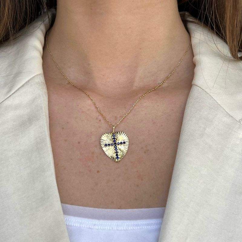 14K Yellow Gold Flute Heart with Sapphire Cross Necklaces