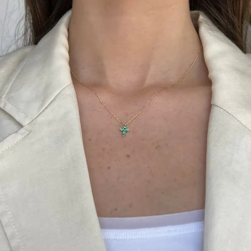 Mini Emerald Cross Pendant on 14K Yellow Gold Necklaces