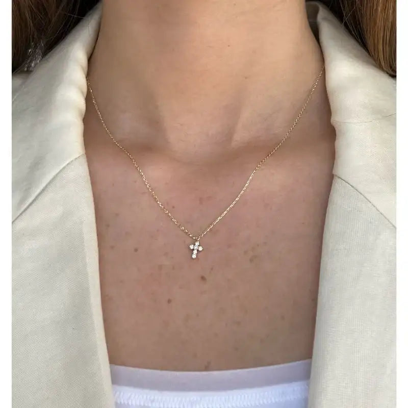 Mini Diamond Cross Pendant on 14K Yellow Gold Necklaces