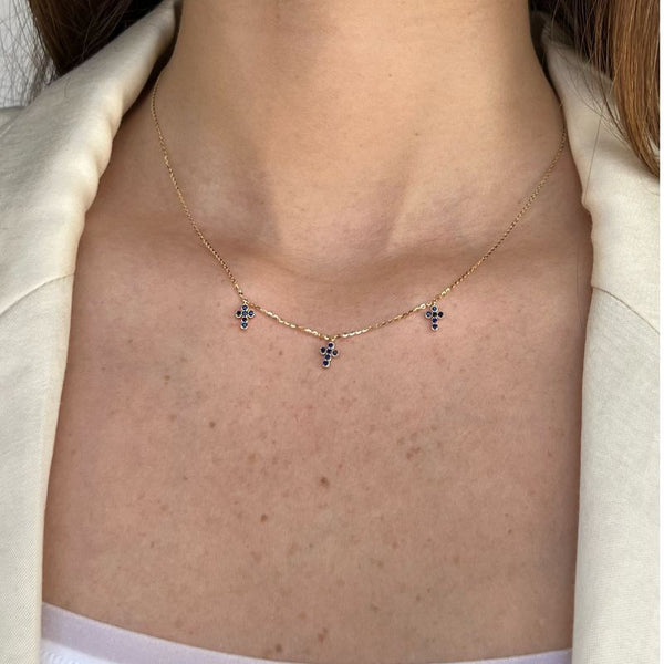 Three Mini Sapphire Crossess on 14K Yellow Gold Necklaces