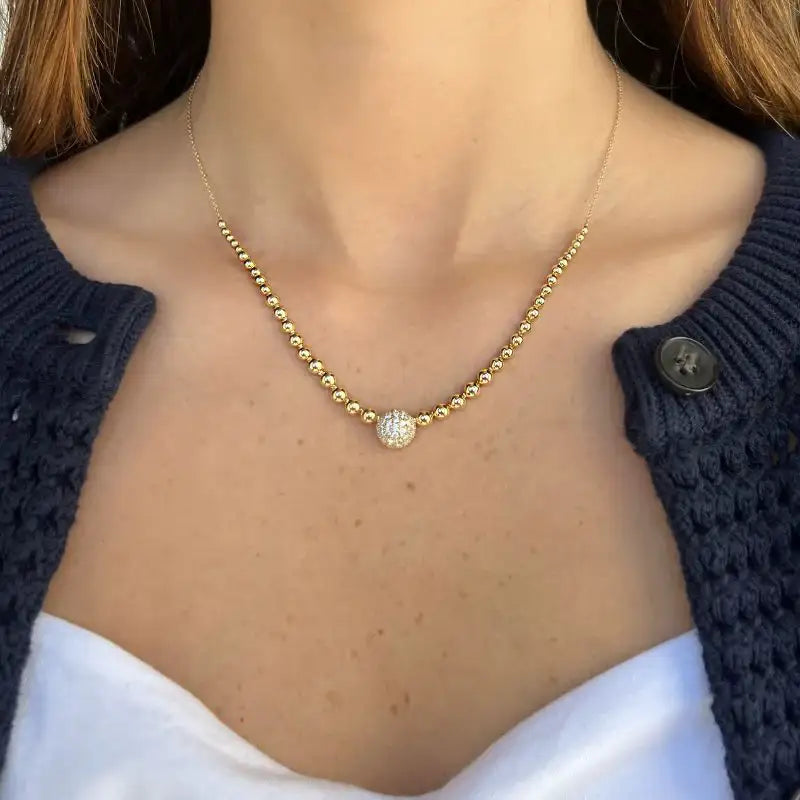 14K Yellow Gold Beads with Diamond Circled Necklaces