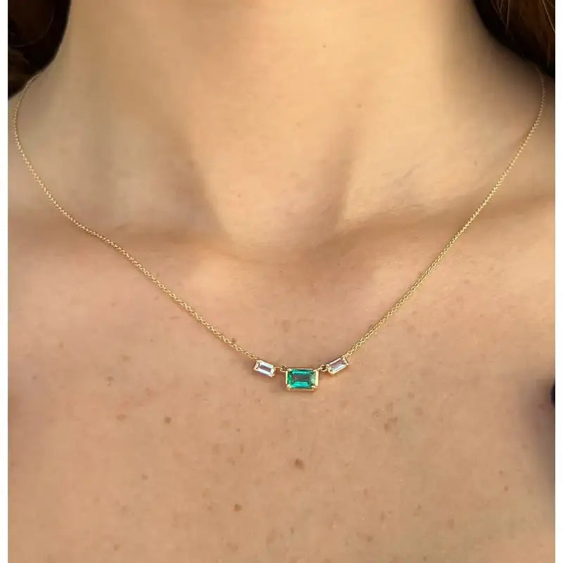 Emerald & White Topaz Pendant with 14K Yellow Gold Necklace