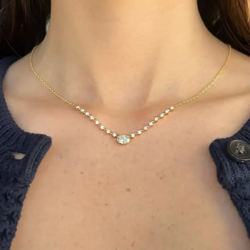 Oval Diamonds Centre on 14K Yellow Gold Necklaces