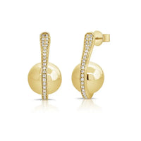 14K Yellow Gold Ball with Diamond Curve Earrings
