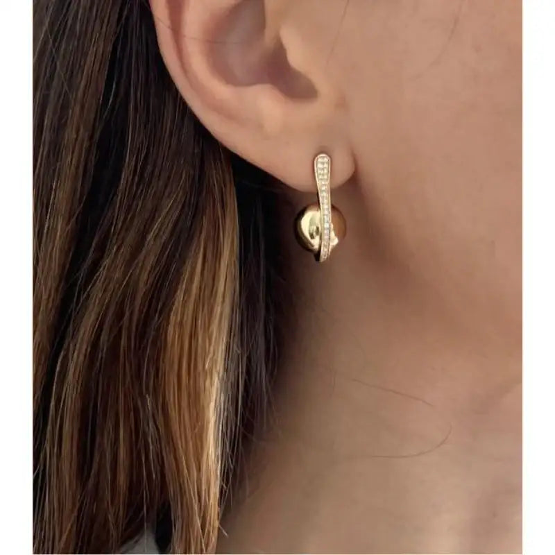 14K Yellow Gold Ball with Diamond Curve Earrings